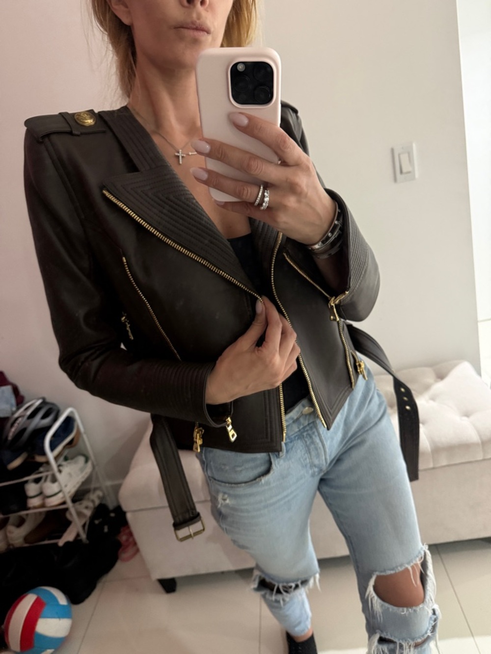 Balmain leather jacket briwn with gold details - Picture 7 of 8